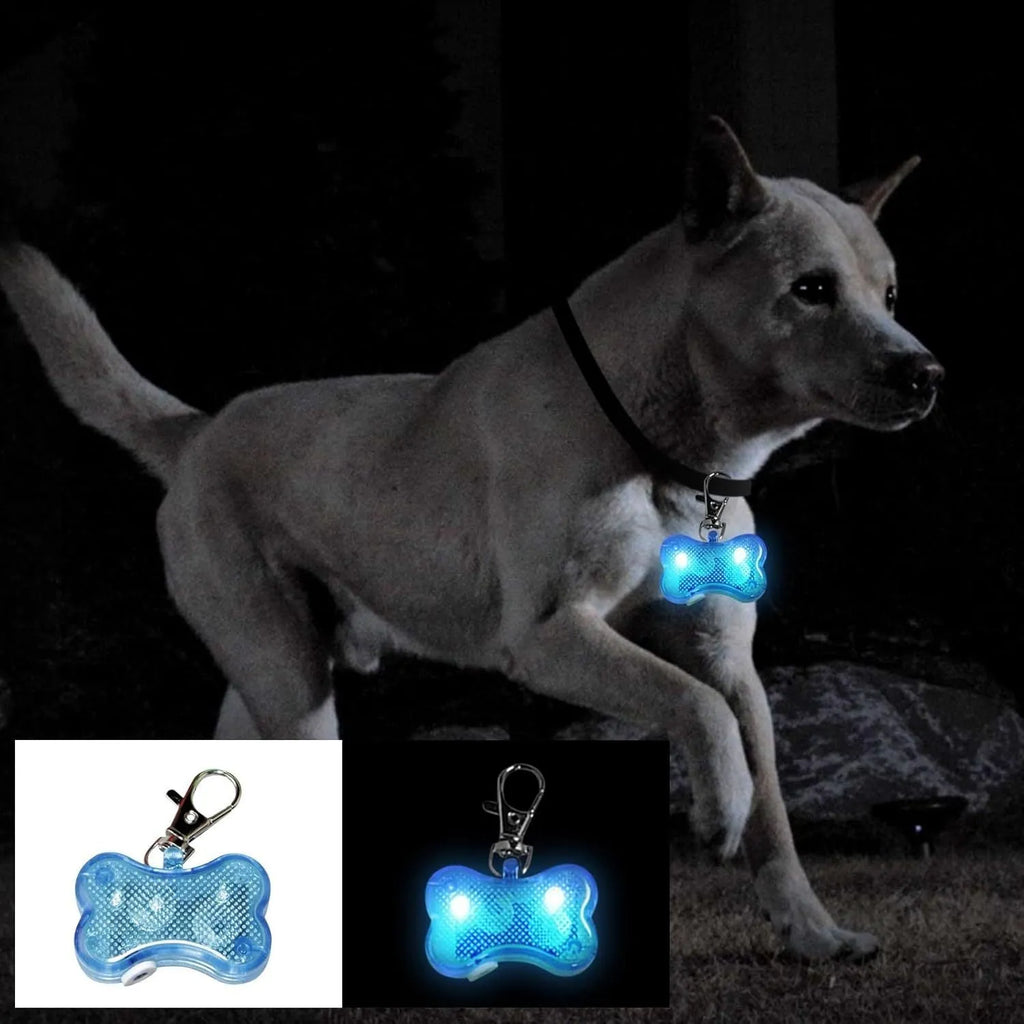 Blue LED luminous bone-shaped pendant for pet collars showing scale next to LR44 batteries.