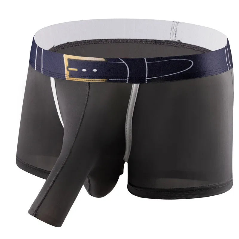 A pair of solid grey men's ice silk boxers laid flat, showing the mid-waist design.