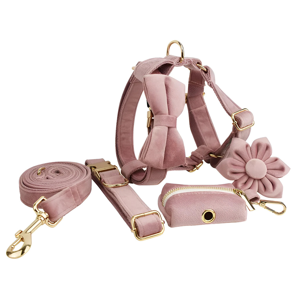 Light purple pink velvet dog collar with matching cloth accessories including leash and bow tie