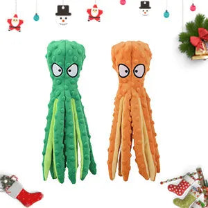 Blue unfilled octopus plush dog toy with crinkle and squeaker, shown next to a tape measure indicating its 32cm length.