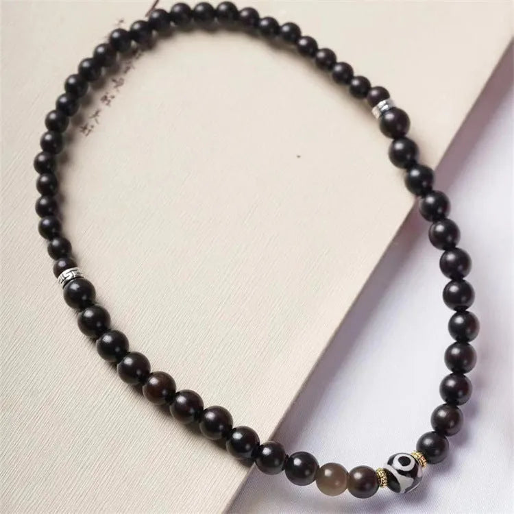 Ebony wood bracelet with 8mm beads in two-circle pattern, retro Tibetan design