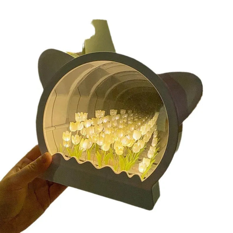 DIY cat-shaped night lamp kit with colourful tulip flowers for assembly and home decor