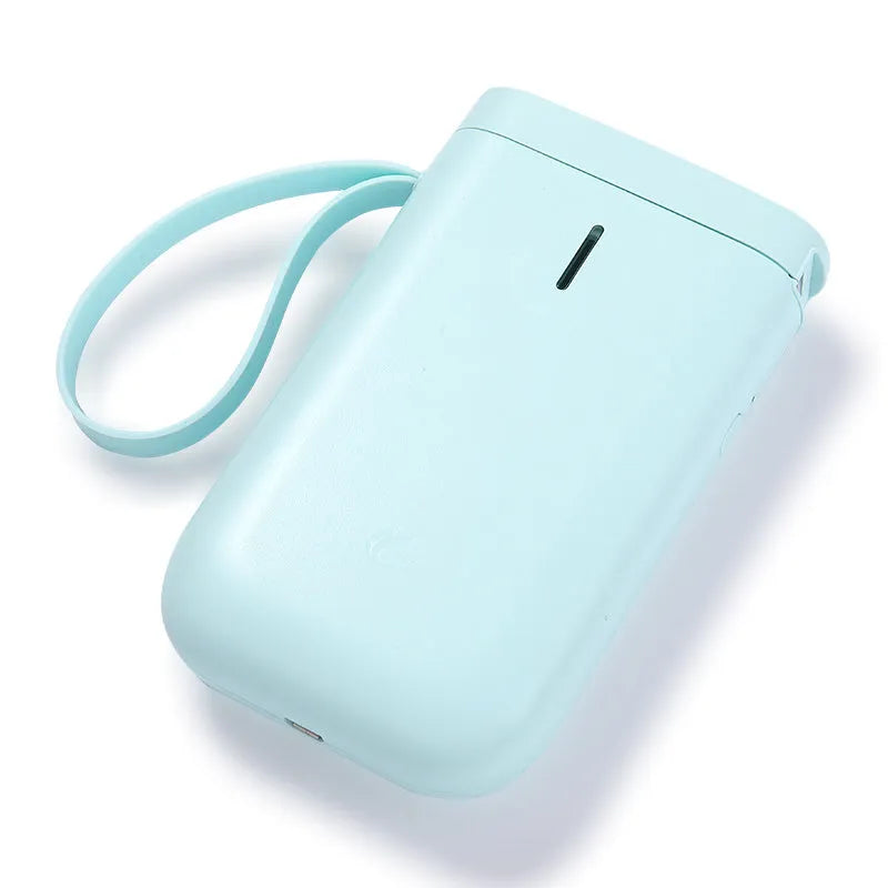 D11 Bluetooth thermal label printer with compact black design shown next to printed labels