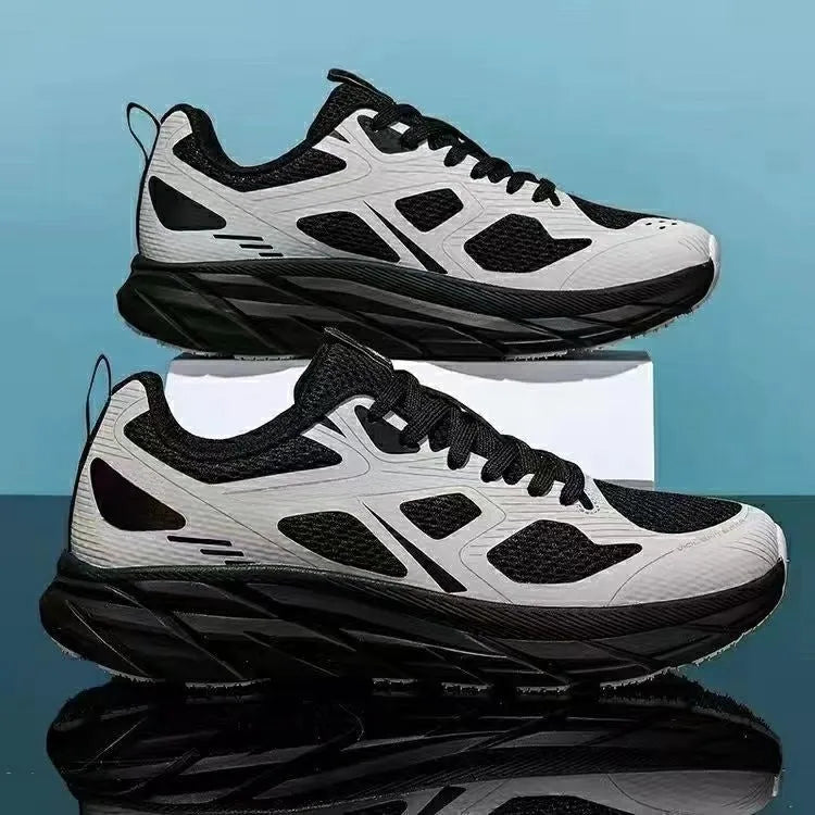 Red, beige, green, gray, and black mesh casual sneakers with round toe and plastic sole.