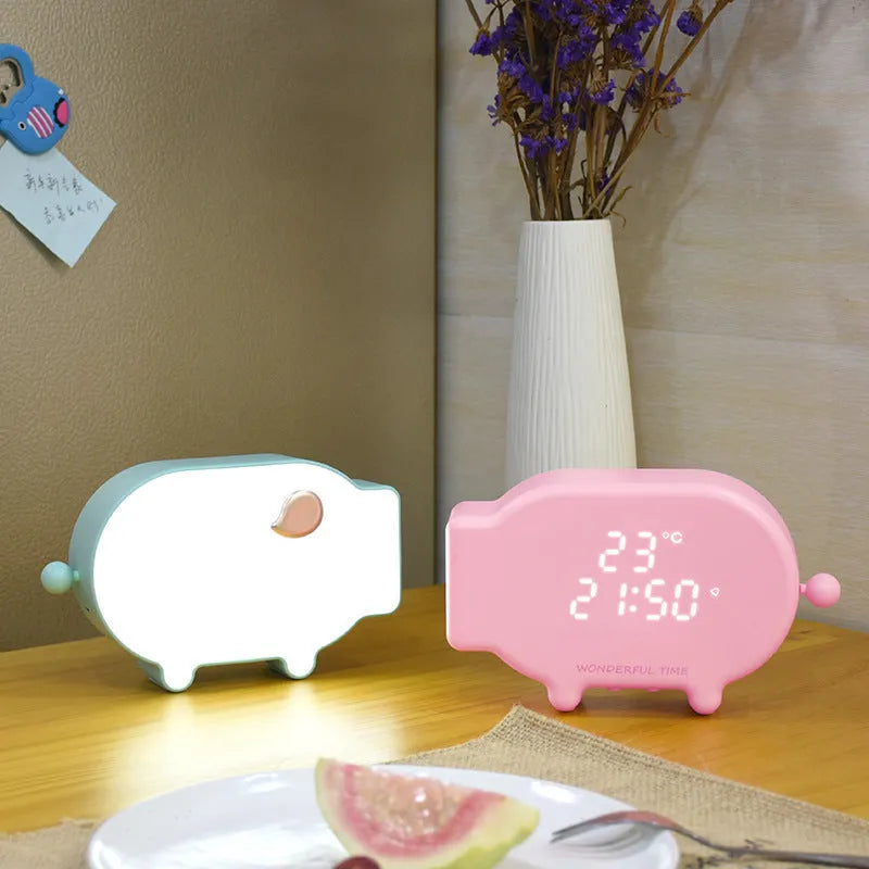 Blue and pink multifunctional LED alarm clock showing time, temperature, and a USB charging port.