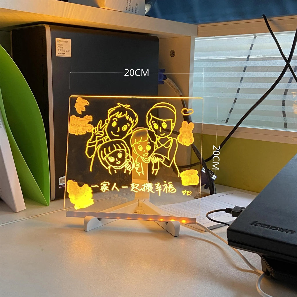 DIY transparent acrylic LED message board desk lamp with handwritten note and soft blue glow