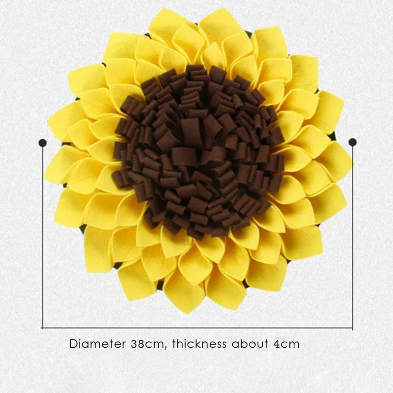 Yellow sunflower-shaped dog snuffle mat with rope and buckle attachment for slow feeding