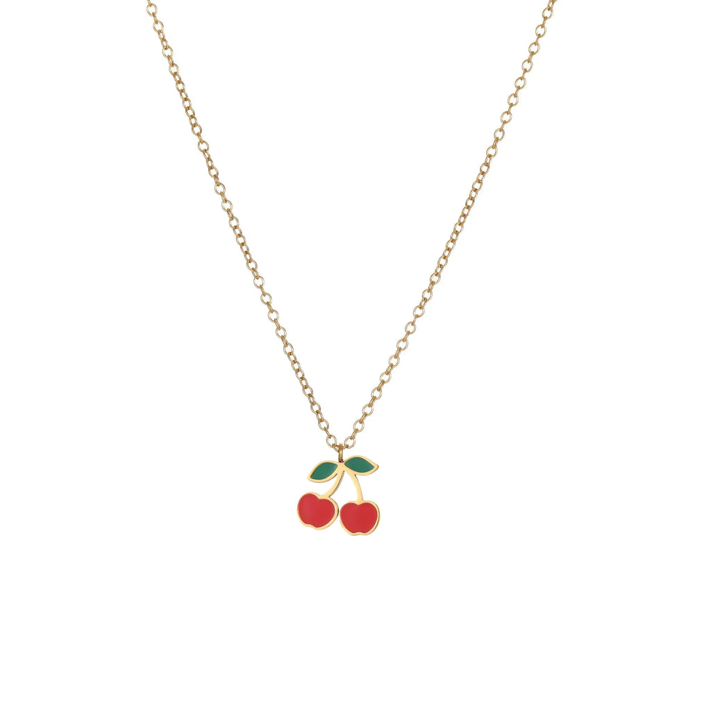 Complete cherry jewelry set with stainless steel necklace, bracelet, earrings, and ring with 18K gold electroplating.