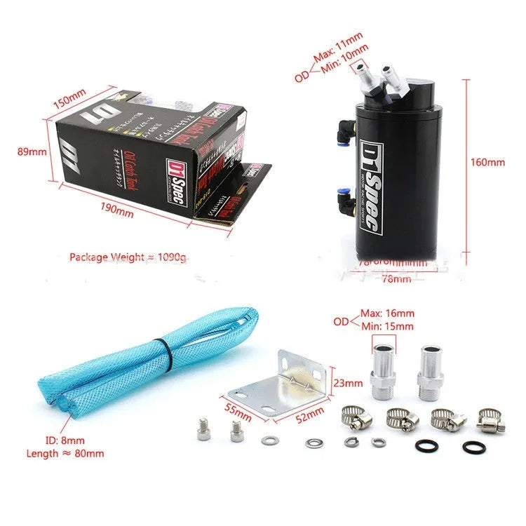 Car modification oil catch tank in choice of black, blue, red, or silver colour with square or round design