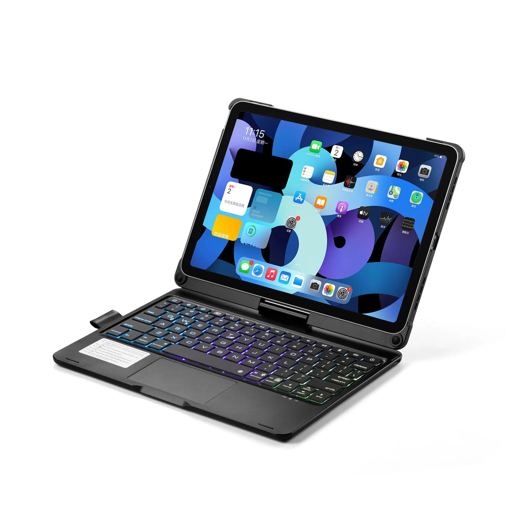 Black 360-degree rotating Bluetooth backlit keyboard case open with an iPad Pro inside, showing the typing angle.
