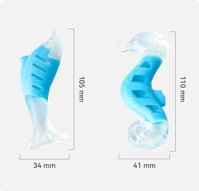 Two PU nylon dog chew toys: a seahorse and a tuna, on a plain background.