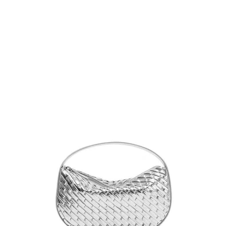 Silver Korean-style PU crossbody shoulder bag with weaving detail horizontal rectangular shape
