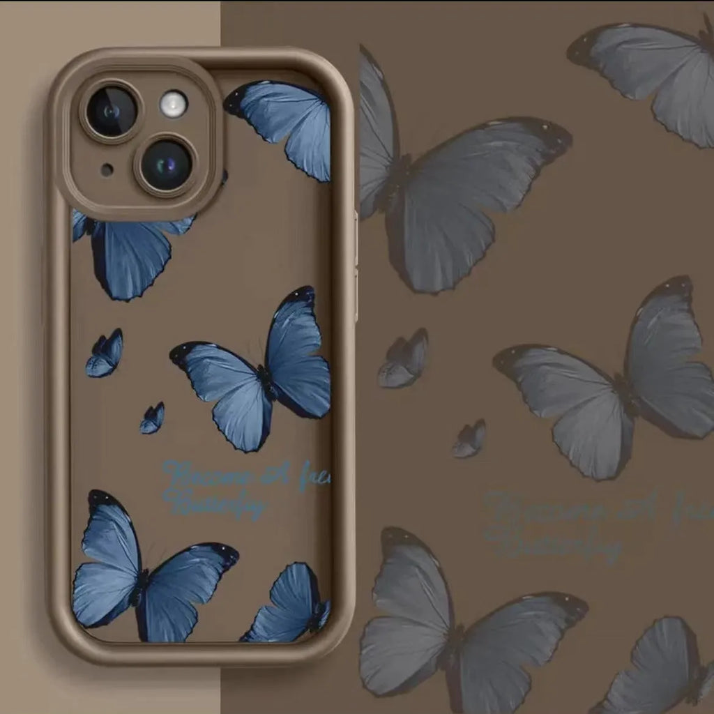 Blue butterfly printed edging drop-resistant TPU phone case for iPhone in black