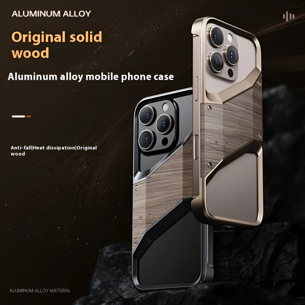 Hollow solid wood phone case with aluminium alloy frame in desert gold colour for iPhone