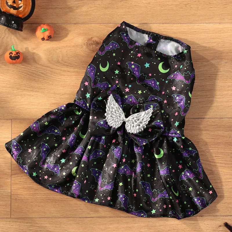 Orange and black Halloween dog costume with angel wings, shown in bright pumpkin and bright bat colours.
