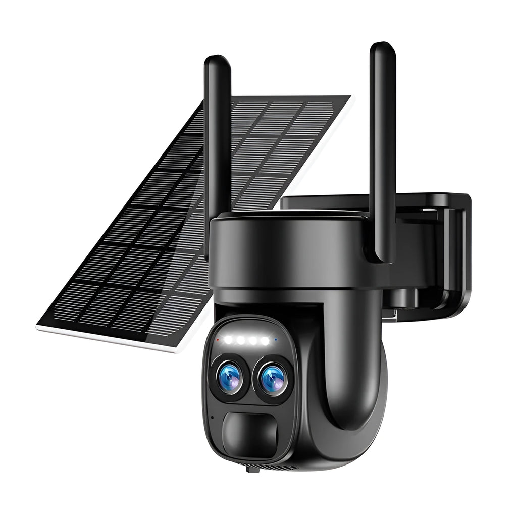 Solar-powered security camera with 8x zoom lens in outdoor setting