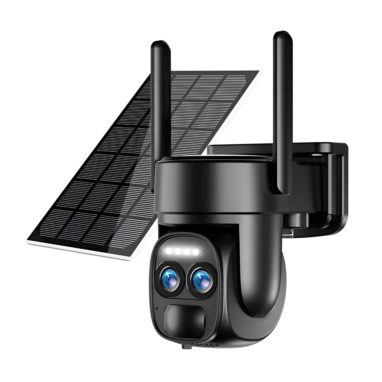 Solar-powered security camera with 8x zoom lens in outdoor setting