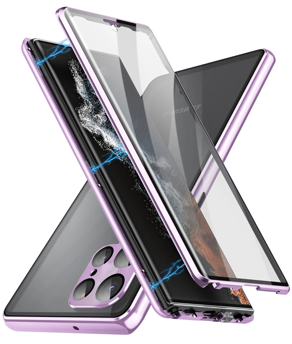 Metal magnetic phone case with a mirror for Samsung S24 Ultra in multiple colour options.