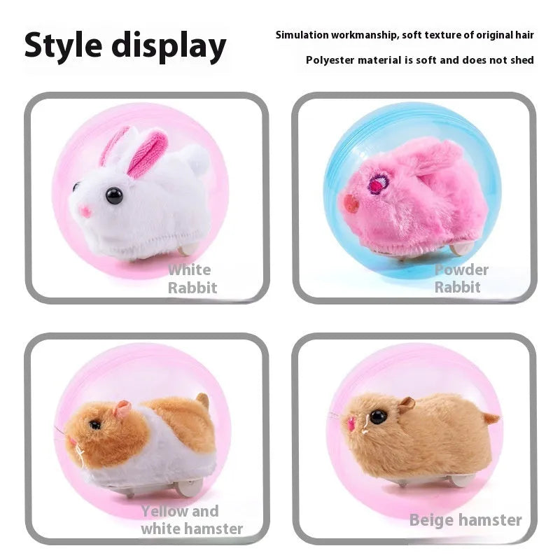 Hamster rolling ball toy with clear plastic sphere and soft plush interior in beige hamster design