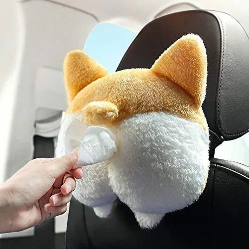 Soft yellow corgi butt-shaped tissue box cover with elastic strap for car sun visor.