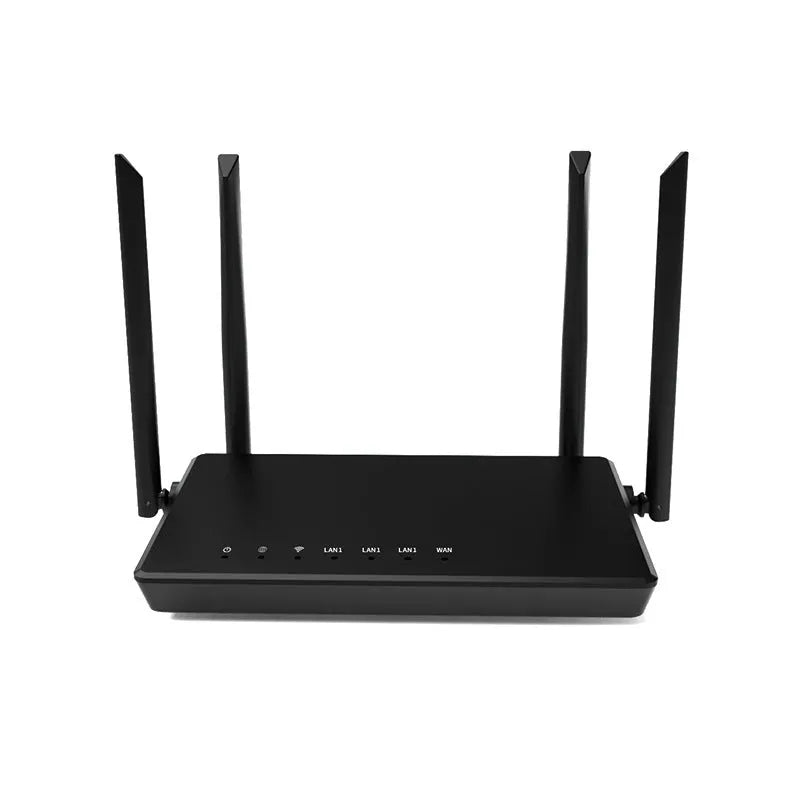 Portable black or white bare metal wifi router showing rear panel with LAN and WAN ports.