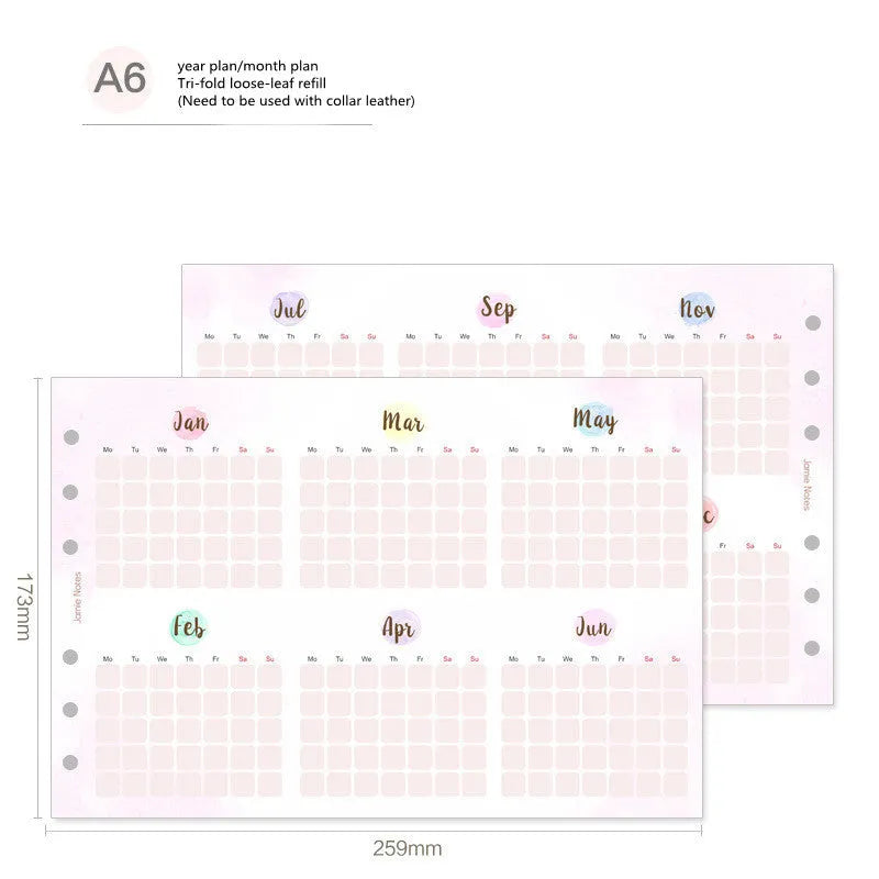 Loose-leaf refill sheets for planners in A7, A6, and A5 sizes showing floral and schedule layouts