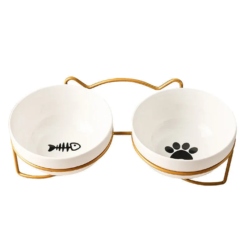Ceramic cat bowl in an iron frame, showing cat paw print and fishbone pattern options