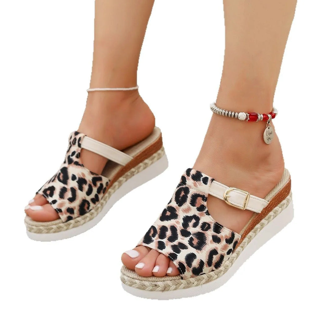 Leopard print wedge platform sandals with fish mouth open toe in beige colour