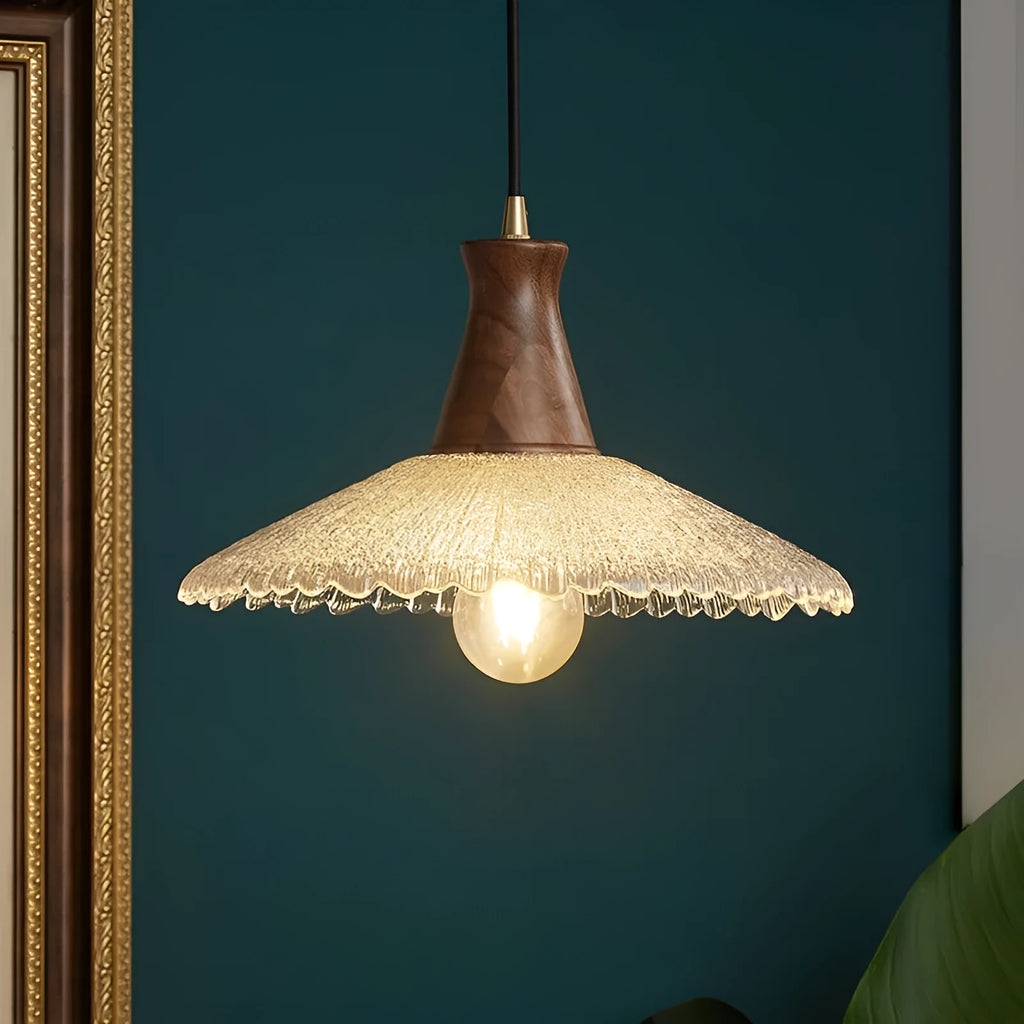 Retro brass and glass wood chandelier with wooden body, available in three sizes