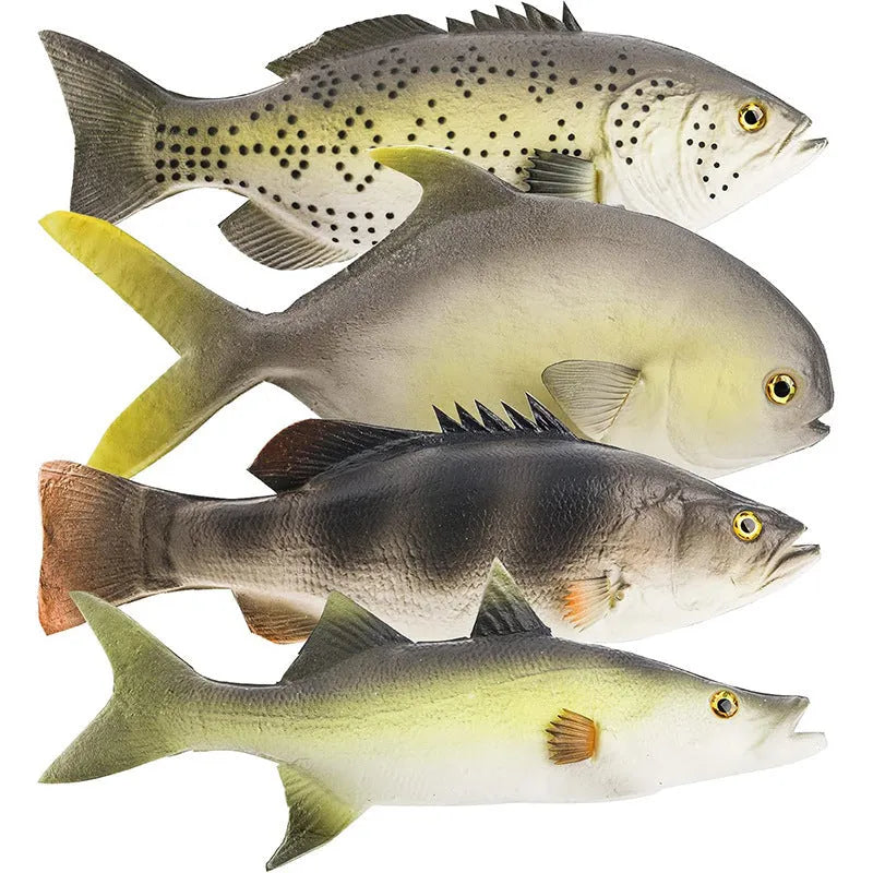 Three PU simulated fish ornaments showing yellow-fin tuna, small tuna, and yellow croaker marine species