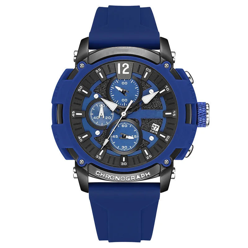 Men's digital watch with luminous display showing time and calendar, water resistant to 30 metres