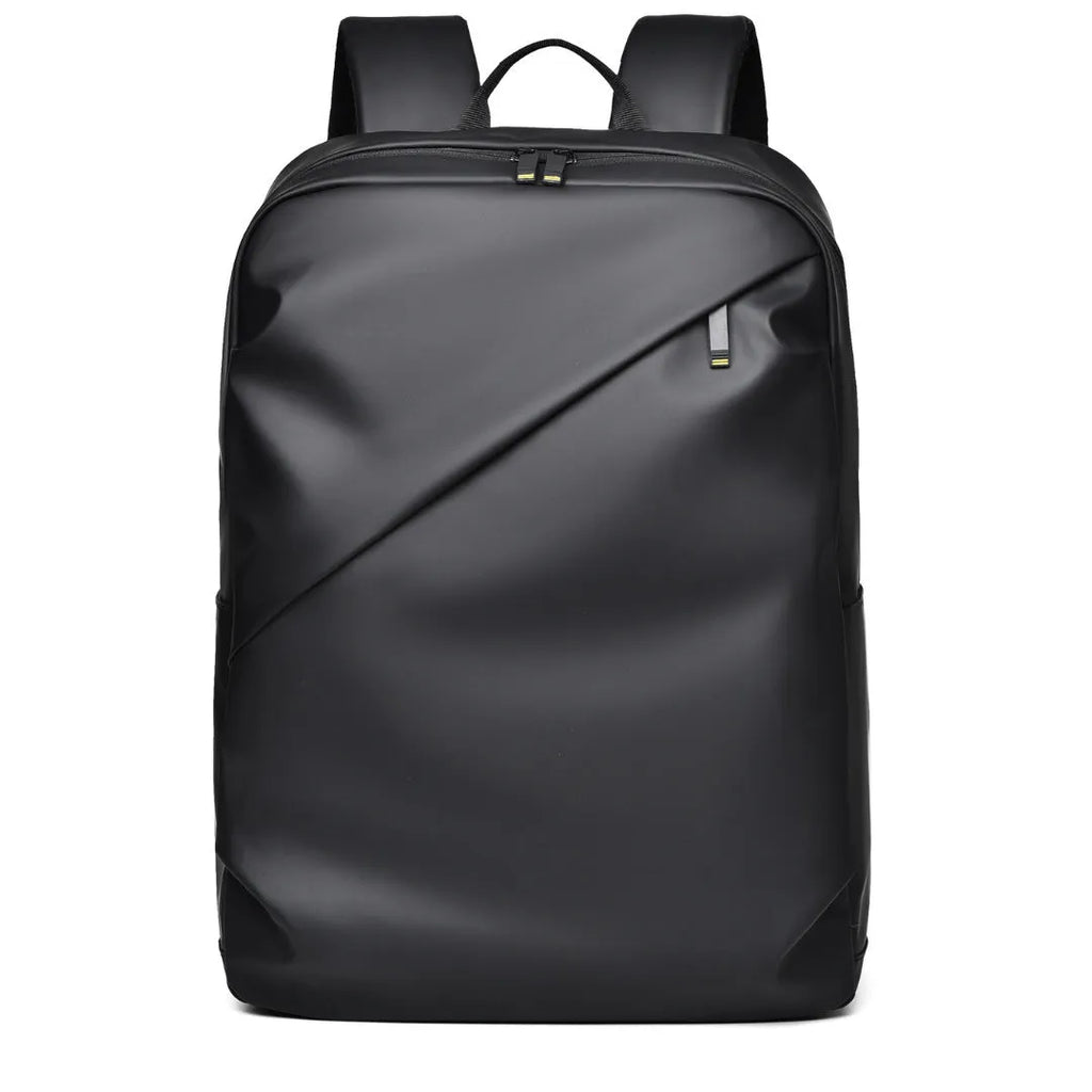 Large black waterproof backpack made from PU leather with sewing thread detailing