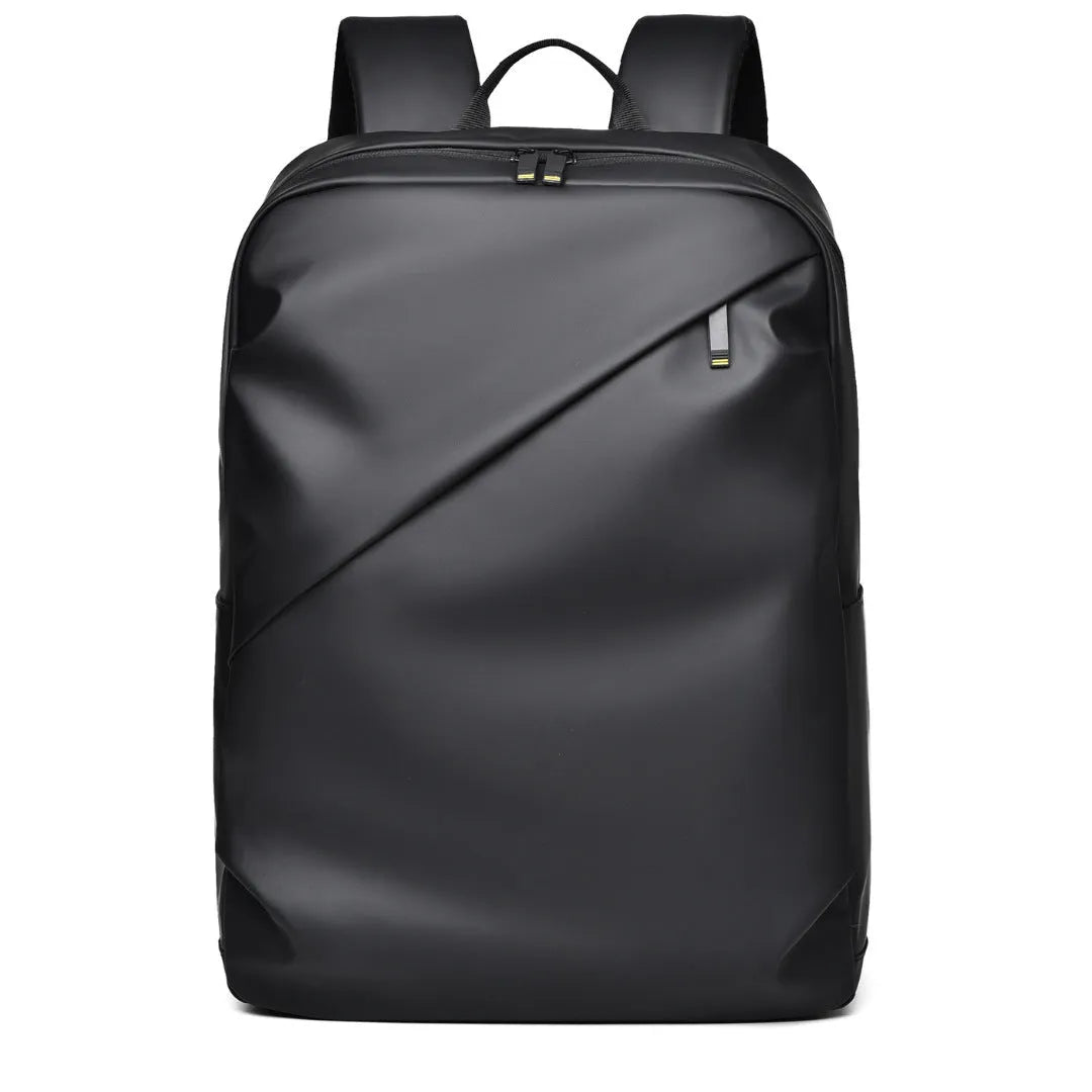 Large black waterproof backpack made from PU leather with sewing thread detailing