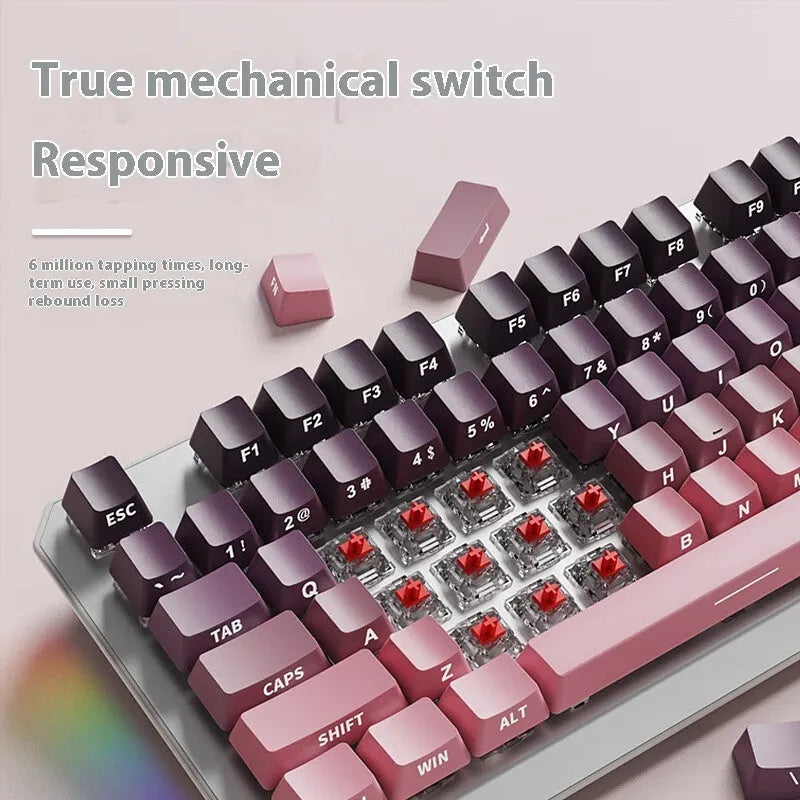 87-key wired mechanical keyboard with side-engraved keycaps, silver white finish, compact layout