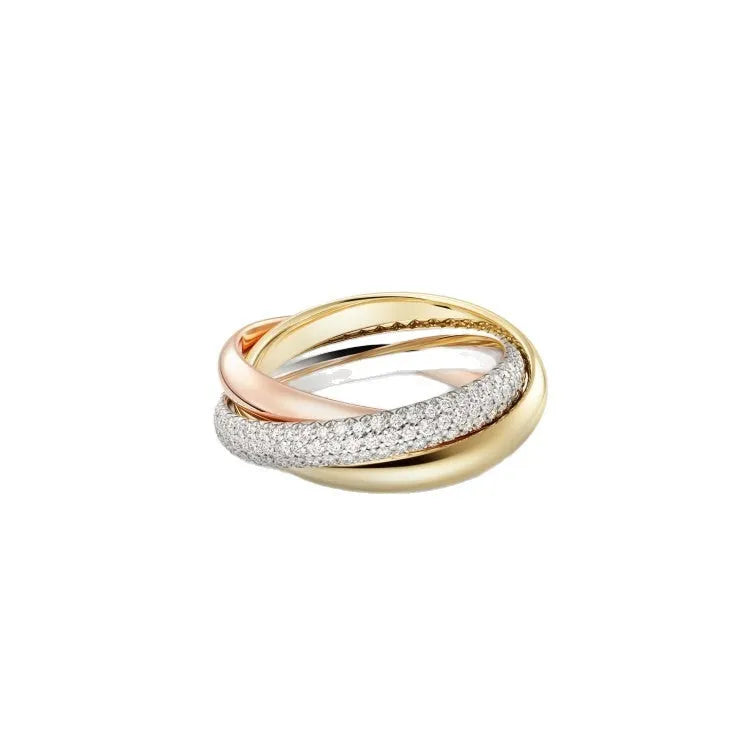 Geometric U-shaped sterling silver couple ring with three cubic zirconia stones on a hand, showing rose gold and black finish options.