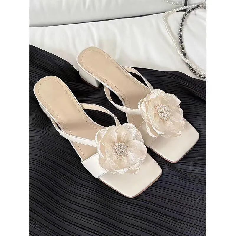 Women's chunky heel sandals with square toe and one-strap design in satin material