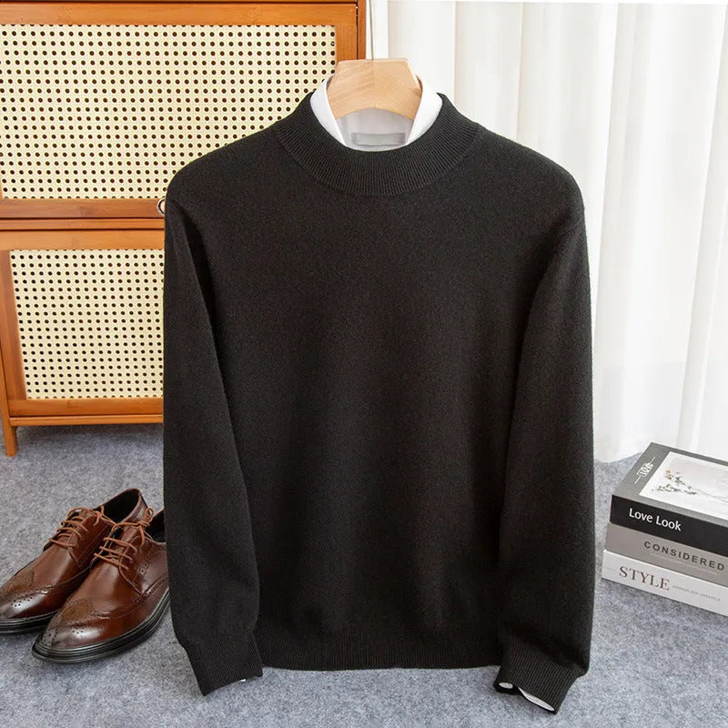 Man wearing a half-turtleneck wool sweater in camel colour, loose fit, for winter.
