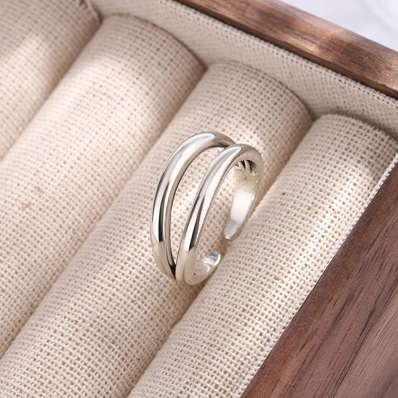 Women's double layer hollow geometry ring in retro electroplated copper with adjustable opening