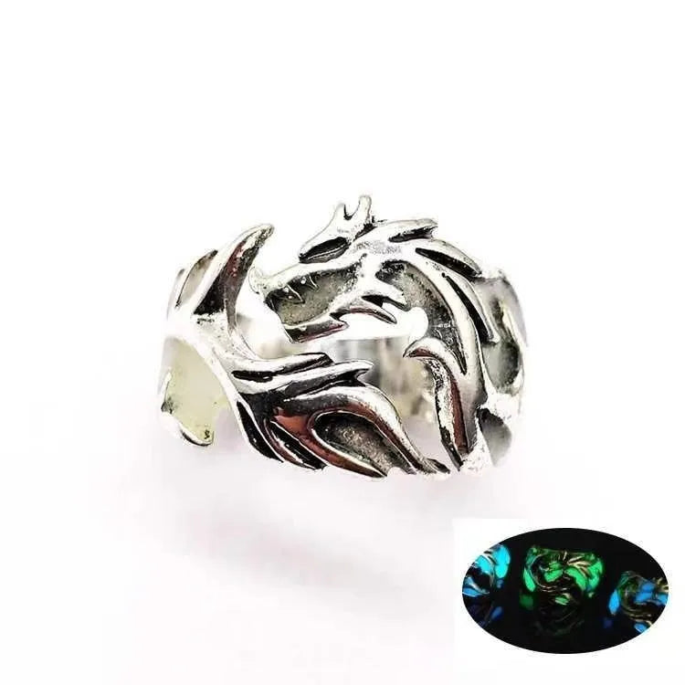 Adjustable Chinese dragon ring with luminous pattern in antique silver blue and green