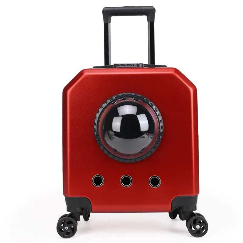 Hard-shell PVC pet flight trolley case in pink colour with retractable handle and wheels.