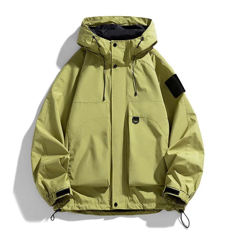Men's waterproof windproof hooded jacket in black, purple or ginger yellow colour options