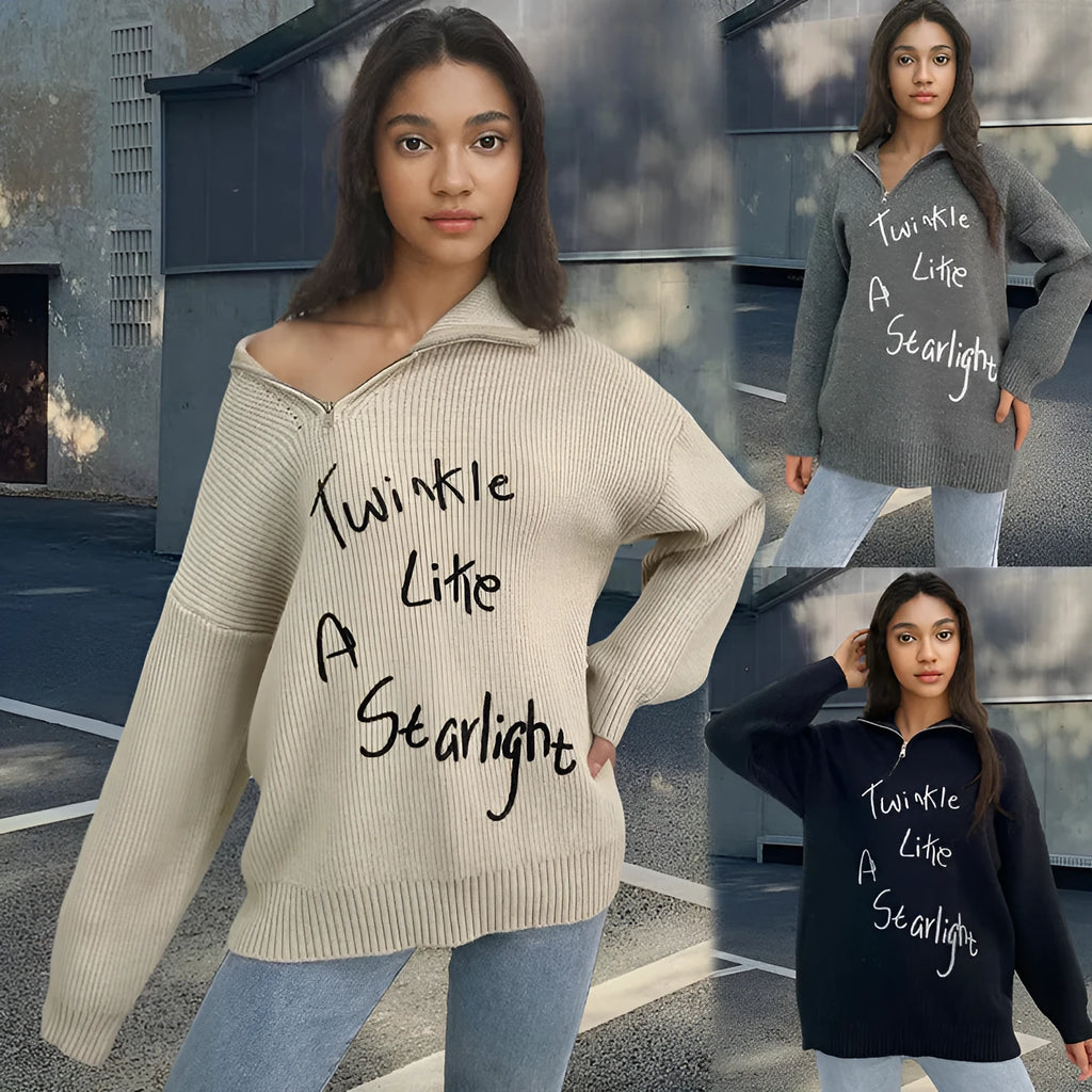 Women's light khaki alpaca wool retro sweater with an oblique zip and loose turtleneck collar.