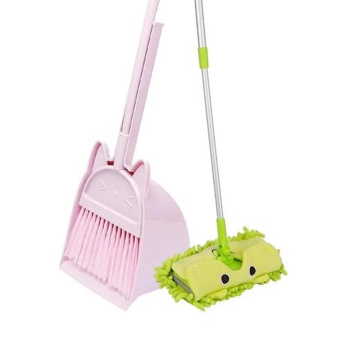 Purple plastic broom and dustpan set with a rotating brush holder on a wooden floor.