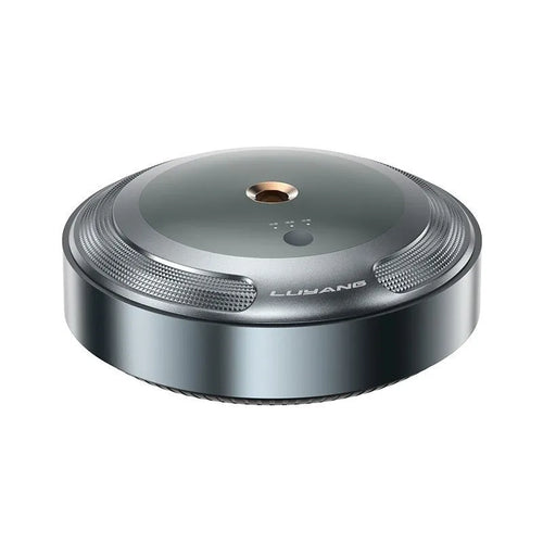 Automatic car air freshener with zinc alloy shell showing three fragrance bottles and charging cable