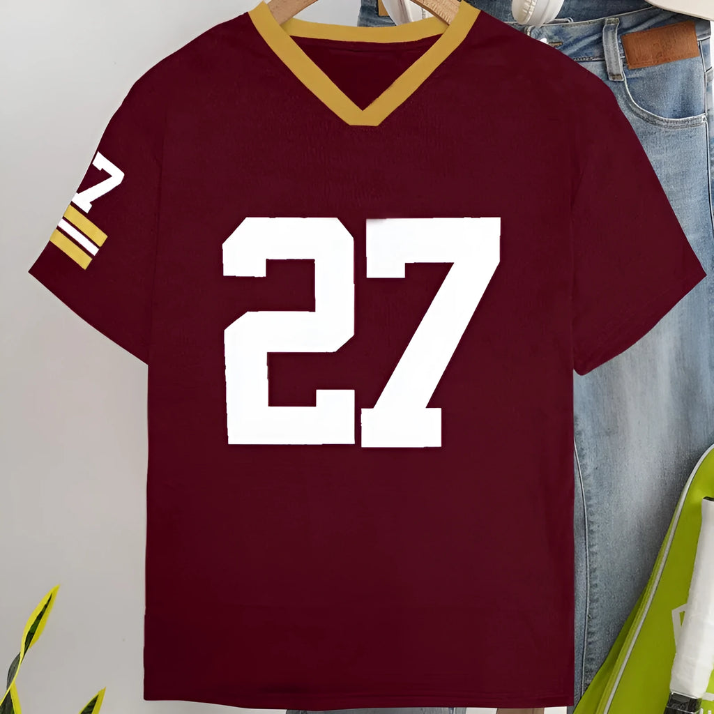 Casual cotton T-shirt with digital letter print in red or green, loose fit short sleeve design