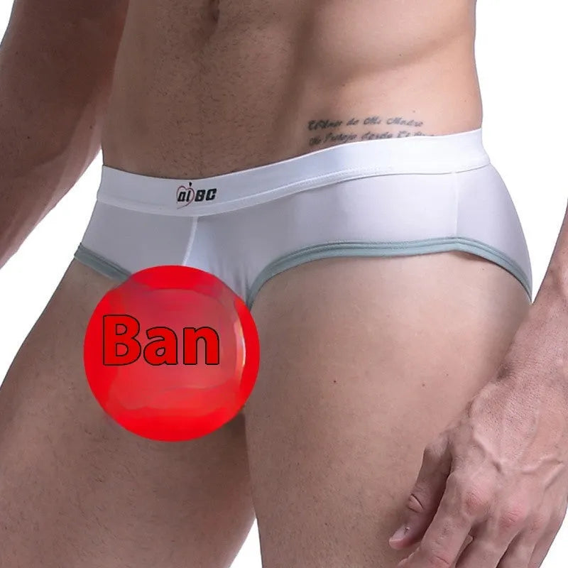 Men's ice silk bullet separation briefs in seven colours including army green, shown in mid-waist style.