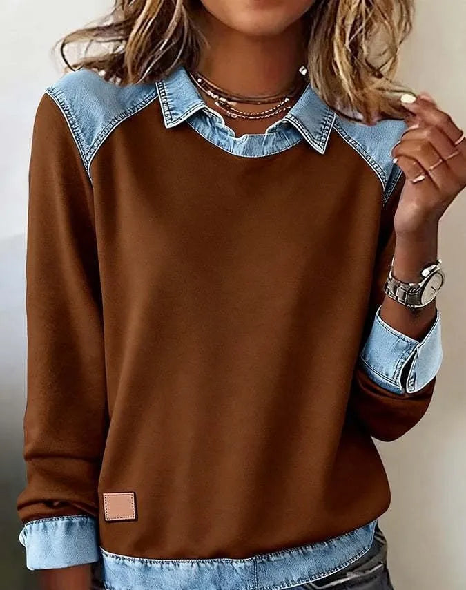 Denim collar long sleeve pullover patchwork knitwear top in solid colour street fashion style, polyester fibre, multiple colour options