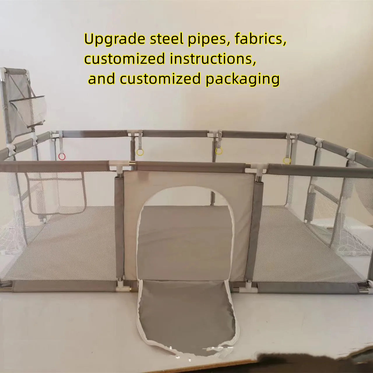 Large blue children's playpen tent with Oxford cloth walls and stainless steel frame in a nursery.