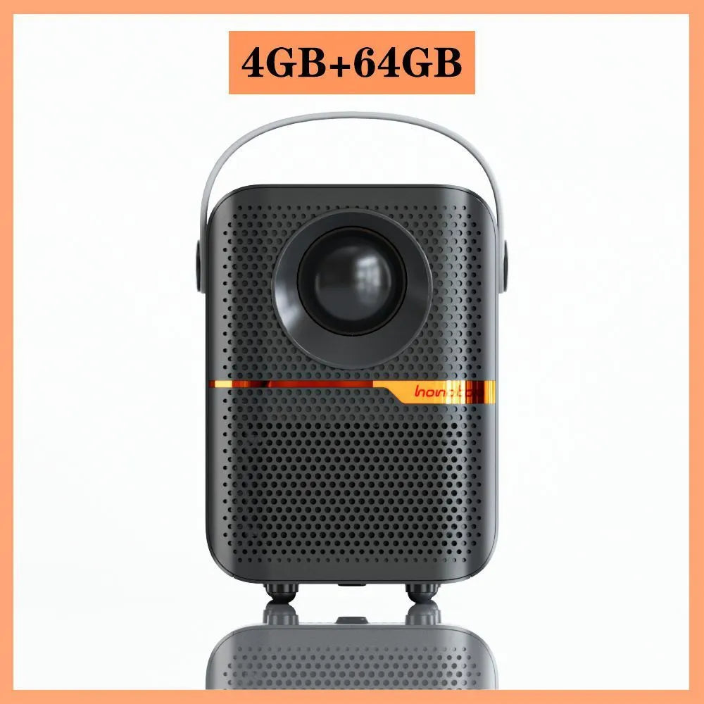 Black portable Android projector displaying 720p HD content with UK plug specification