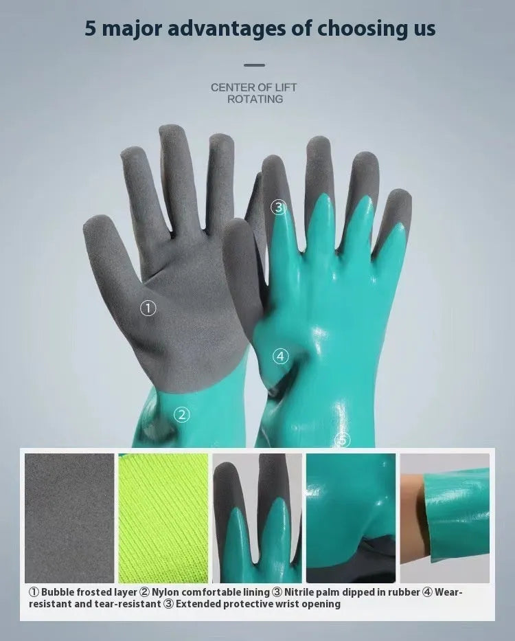 Navy blue women's nitrile gloves shown in short and lengthened sleeve versions for fishing and work.